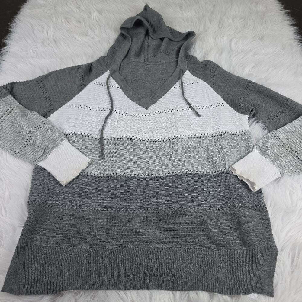 Large Women's Striped Lightweight Hoodie Sweater Grey, White, Open Knit Acrylic